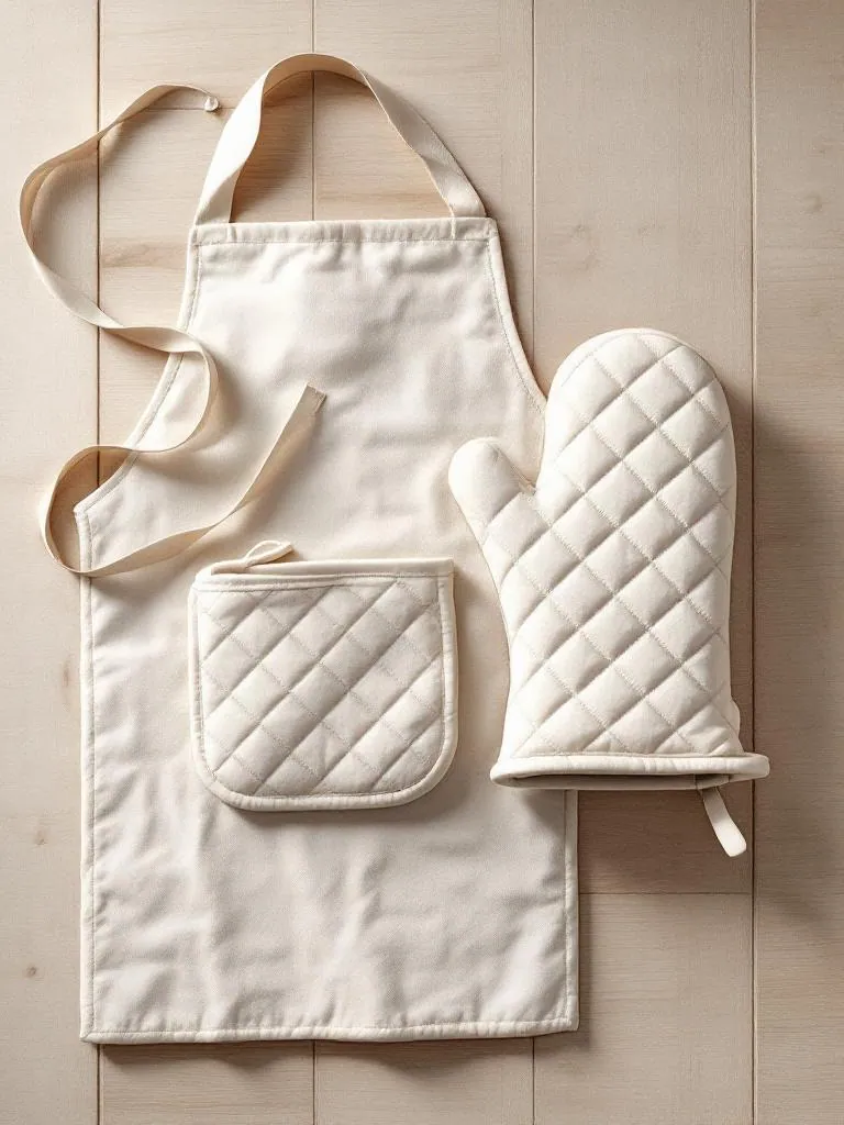 Kitchen accessory manufacturer Karachi Pakistan showing coordinated set of cream cotton apron, quilted pot holder, and oven mitt, top view
